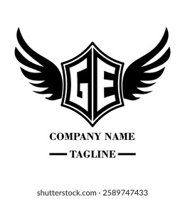 GE A bold winged shield emblem with customizable initials A-Z. Sleek black-and-white vector, perfect for branding, sports teams, motorcycle clubs, gaming,apparel and High-quality
