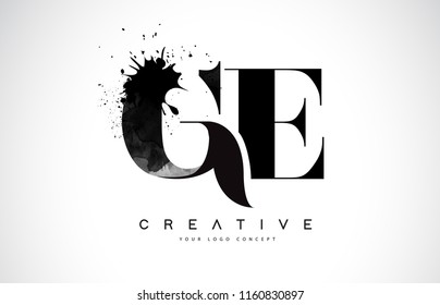 GE G E Letter Logo Design with Black Ink Watercolor Splash Spill Vector Illustration.