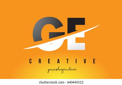 GE G E Letter Modern Logo Design with Swoosh Cutting the Middle Letters and Yellow Background.