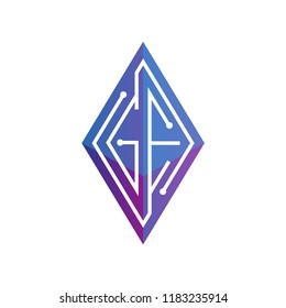GE Initial letter block chain logo icon vector template. Looping mono line circuit letter on rhombus cube logo