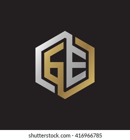 GE initial letters looping linked hexagon elegant logo golden silver black background