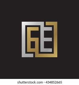GE initial letters looping linked square elegant logo golden silver black background