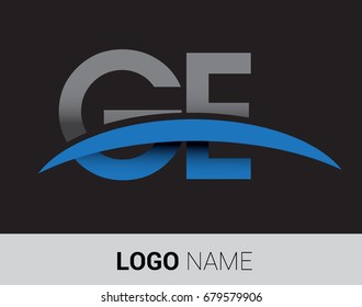 GE initial logo company name colored grey and blue swoosh design.