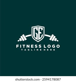 GE initial monogram for fitnes or gym logo with creative shield and barbell design