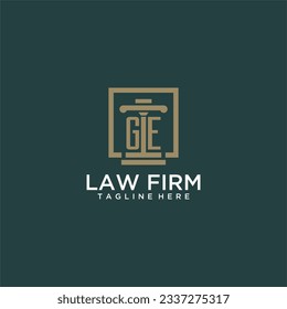 Logo de monograma inicial de GE para la firma de abogados con diseño de hitos en cuadrado creativo