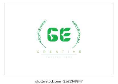 GE letters eco logo with leaf. Fresh nature and healthy leaf logo design.