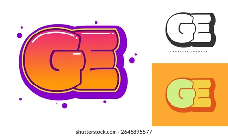 GE logo design for festival or party. Initial letter g and e in graffiti style. Creative modern lettering company name of font typography. Kids trendy logotype or identity. Vector illustration.