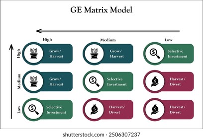 Modelo de matriz GE. Plantilla de infografía con iconos y marcador de posición de descripción