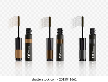 Gealistic vector 3 color  Mascara Bottle. Brush and mascara tube. Black wand and mascara tube. Fashionable cosmetics Makeup design for Eyes.