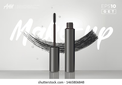 Gealistic vector black Mascara Bottle. Brush and mascara tube. Black wand and mascara tube. Fashionable cosmetics Makeup design for Eyes.