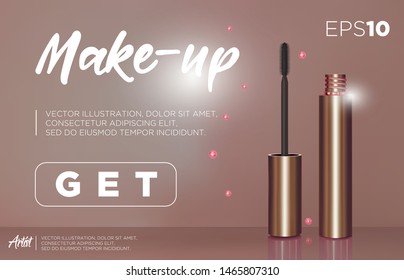 Gealistic vector golden Mascara Bottle. Brush and mascara tube. Black wand and golden tube on rose-gold background. Fashionable cosmetics Makeup for Eyes banner with Get button.