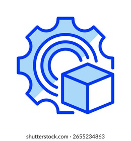 Gear with 3D Cube Line Icon, Outline Symbol for Structural Systems, Data Modeling, Dimensional Analysis, Complex Architecture, and Product Development. Vector Sign Icon.