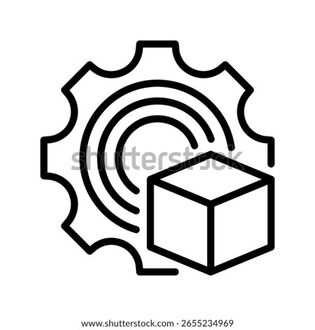 Gear with 3D Cube Line Icon, Outline Symbol for Structural Systems, Data Modeling, Dimensional Analysis, Complex Architecture, and Product Development. Vector Sign Icon.