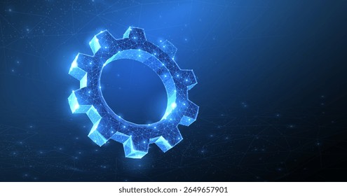 Engrenagem. Abstrato vetor wireframe uma engrenagem 3d ilustração moderna no fundo azul escuro. Símbolo de engenharia de máquina de tecnologia mecânica. Desenvolvimento do setor, trabalho do mecanismo, conceito de solução de negócios