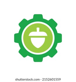 Gear acorn logo design, cogwheel and oak nut icon