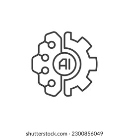 Gear with AI Brain vector Artificial Intelligence concept thin line icon or symbol