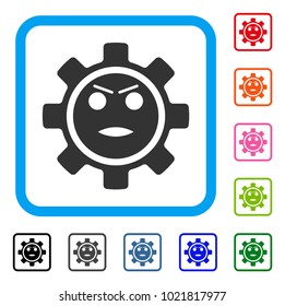 Gear Angry Smiley icon. Flat gray iconic symbol inside a blue rounded squared frame. Black, gray, green, blue, red, orange color versions of Gear Angry Smiley vector.