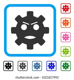 Gear Angry Smiley icon. Flat grey pictogram symbol in a blue rounded square. Black, gray, green, blue, red, orange color versions of Gear Angry Smiley vector. Designed for web and app interfaces.