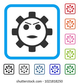 Gear Angry Smiley icon. Flat gray iconic symbol inside a blue rounded rectangular frame. Black, gray, green, blue, red, orange color additional versions of Gear Angry Smiley vector.
