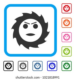 Gear Angry Smiley icon. Flat gray pictogram symbol inside a blue rounded rectangle. Black, gray, green, blue, red, orange color versions of Gear Angry Smiley vector.