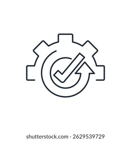 Gear, up arrow and check mark. Successful operations or project.Vector linear illustration icon isolated on white background.