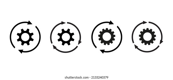 Círculo de flecha de engranaje, conjunto de iconos vectoriales. Proceso de sincronización, símbolo de rueda de engranaje negro
