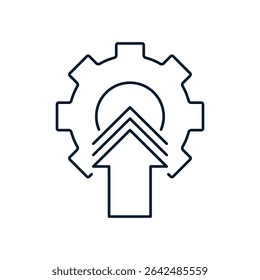 Gear, arrow. Concept workflow, implementation of new technologies. Vector linear icon isolated on white background.