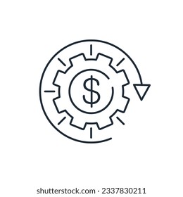 Gear, flecha, dólar, gestión del mecanismo financiero. Ganar, dinero. Optimización de costos. Icono lineal vectorial aislado en fondo blanco.