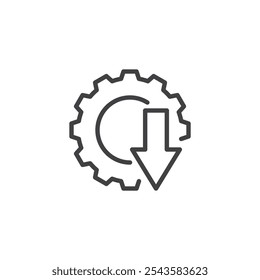 Engrenagem com ícone de linha de seta para baixo. sinal de estilo linear para conceito móvel e web design. Engrenar com uma seta para baixo contorno ícone de vetor. Símbolo de complexidade decrescente, ilustração do logotipo. Gráficos vetoriais