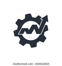 Gear and up arrow. Growth improvement tool. Success equipment. Vector linear icon isolated on white background.