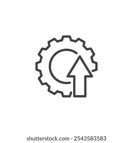 Engranaje con el icono de línea Arrow Up. signo de estilo lineal para el concepto móvil y el Diseño web. Engranaje con un ícono de Vector de contorno de flecha hacia arriba. Mejorar del sistema, símbolo de la mejora, ilustración del logotipo. Gráficos de Vector