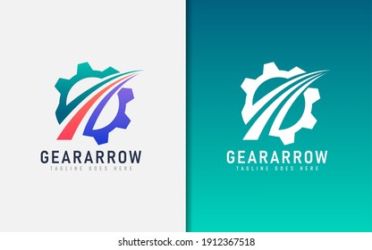 Gear Arrow Logo Design. Colorful Gear Combined With Sharp Lines As the Arrow. Vector Logo Illustration.