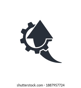 Engranaje y flecha apuntando hacia arriba. Proceso de crecimiento. Icono del vector aislado en fondo blanco.