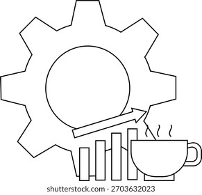 Gear an arrow a rising bar graph and a steaming coffee cup