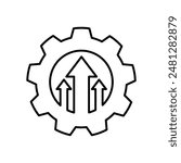 Gear arrows up black line icon. Operational excellence. System upgrade icon, gear with arrow, update process, install software. Vector Illustration.