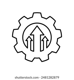 Gear arrows up black line icon. Operational excellence. System upgrade icon, gear with arrow, update process, install software. Vector Illustration.