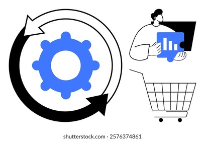 Gear with arrows, person holding a graph, and shopping cart. Ideal for business processes, data analysis, e-commerce, workflow automation, and performance tracking. Minimalist vector style