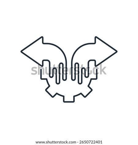 A gear with arrows pointing in different directions.Alternative choice mechanism. Vector linear icon illustration isolated on white background.