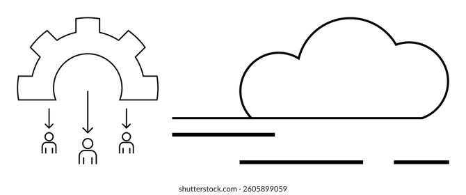 Gear with arrows pointing to team members and adjacent cloud icon representing data integration and collaboration. Ideal for teamwork, cloud computing, data management, collaboration, project