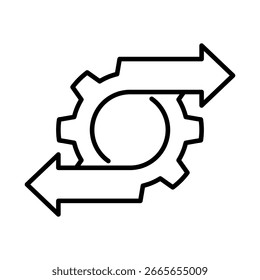 Setas de engrenagem direita, esquerda, rotação, rotação ícone de linha preta vetor. Operação de ícone, atualização do sistema, carregamento, consertar reparação de engrenagens, configuração, manutenção, processo de atualização, instalar software, arquivos de recuperação.
