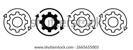 Gear arrows right, left, rotation, spinning black line icon vector. Icon operation, system upgrade, loading, fix gear repair, setting, maintenance, update process, install software, recovery files.