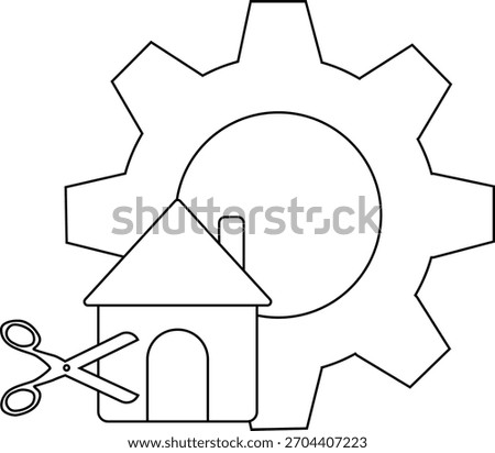 A gear backdrop a house is sliced by scissors suggesting industrial home alteration