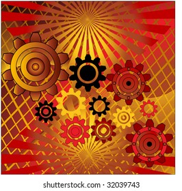 gear background with burst in reds and gold