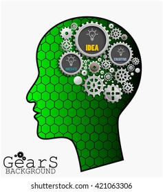 Gear background inside green head brain, idea, innovate and creative.vector