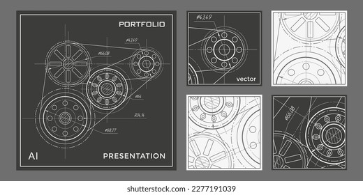  Antecedentes de engranaje.Educación de ingeniería.Conjunto de plantillas para folletos.Ilustración vectorial.