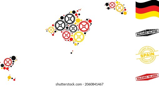 Gear Balearic Islands map collage and stamps. Vector collage is designed with clock gear icons in different sizes, and German flag official colors - red, yellow, black.