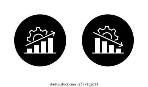 Engranaje con icono de gráfico de barras para productividad y rendimiento. Símbolo de crecimiento y declive empresarial en círculo negro