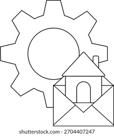 Engranaje detrás del sobre interior de la casa creando un gráfico estructurado e informativo