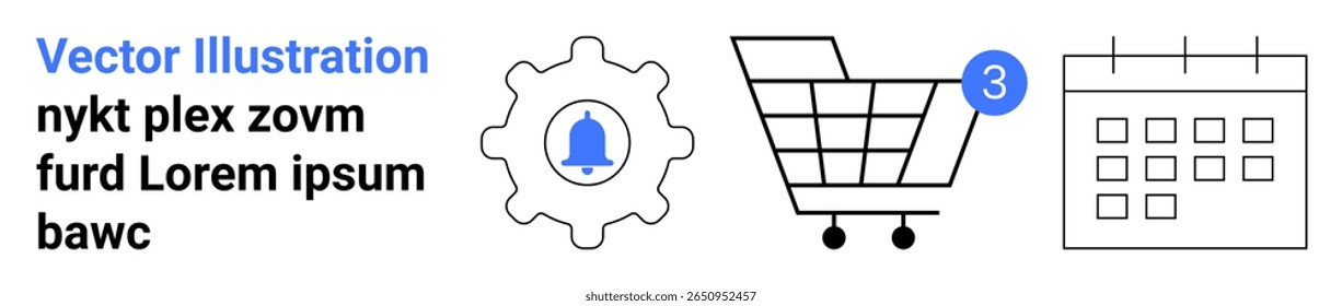 Gear with a bell, shopping cart with a notification badge, and calendar. Ideal for e-commerce, notifications, settings, productivity tools, user interface, scheduling, planning. Landing page