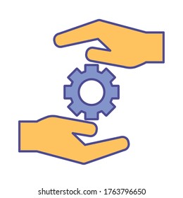 gear between hands line and fill style icon design, Innovation idea and creativity theme Vector illustration
